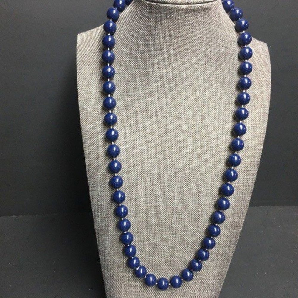 Round Bead Necklace As Is Dark Blue Silver Hook Retro Classic